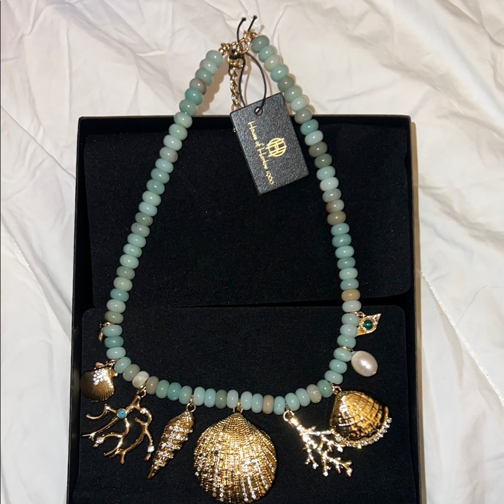 Gold and Green Beaded Necklace with Sea Motif Charms